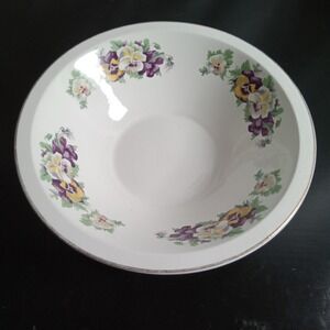 Vintage Pansy Floral Ceramic Serving Bowl White‎ Purple Yellow Gold Trim 9 Inch